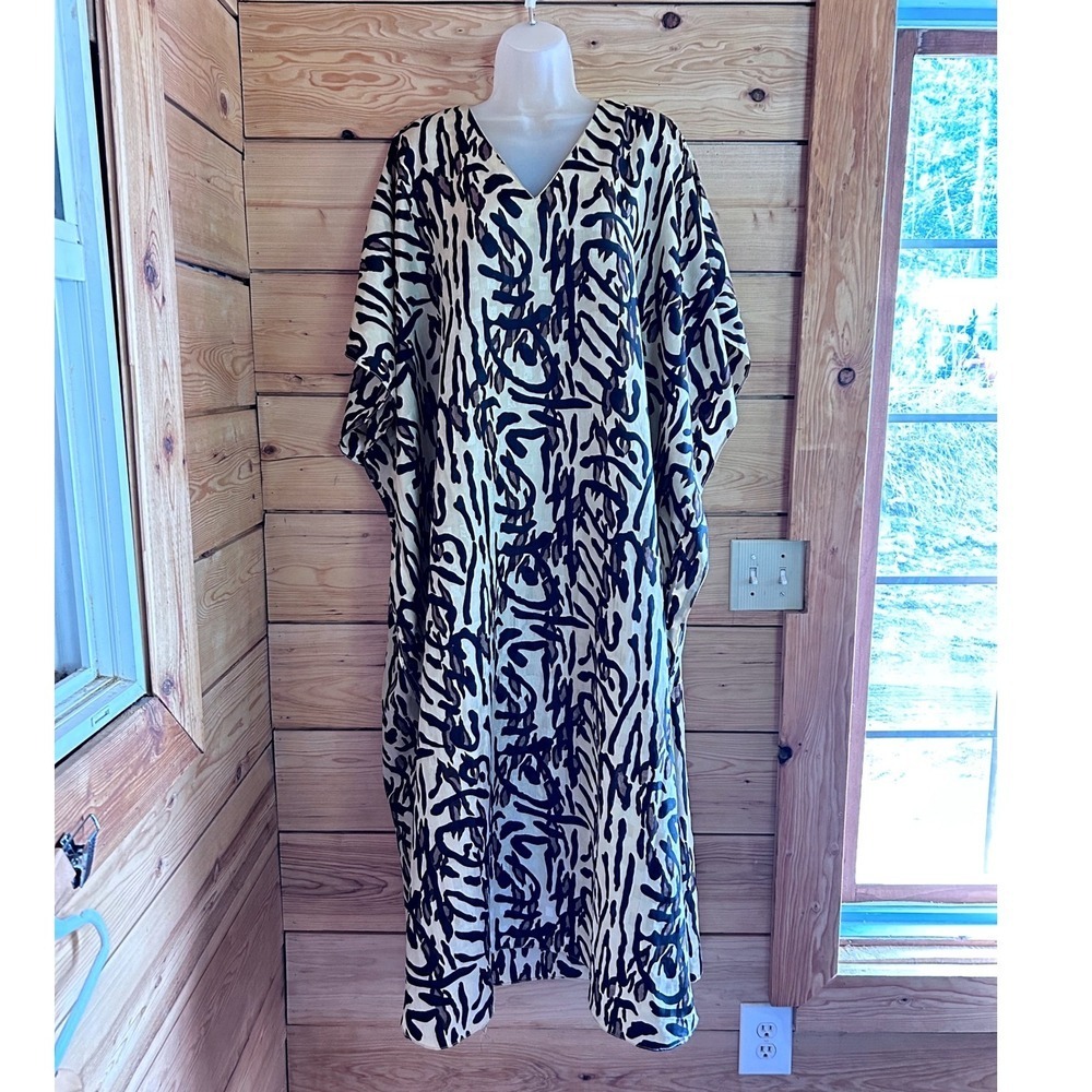 Kaftan Maxi Dress Womens Free Size Cream Black Abstract Print Excellent Ashro